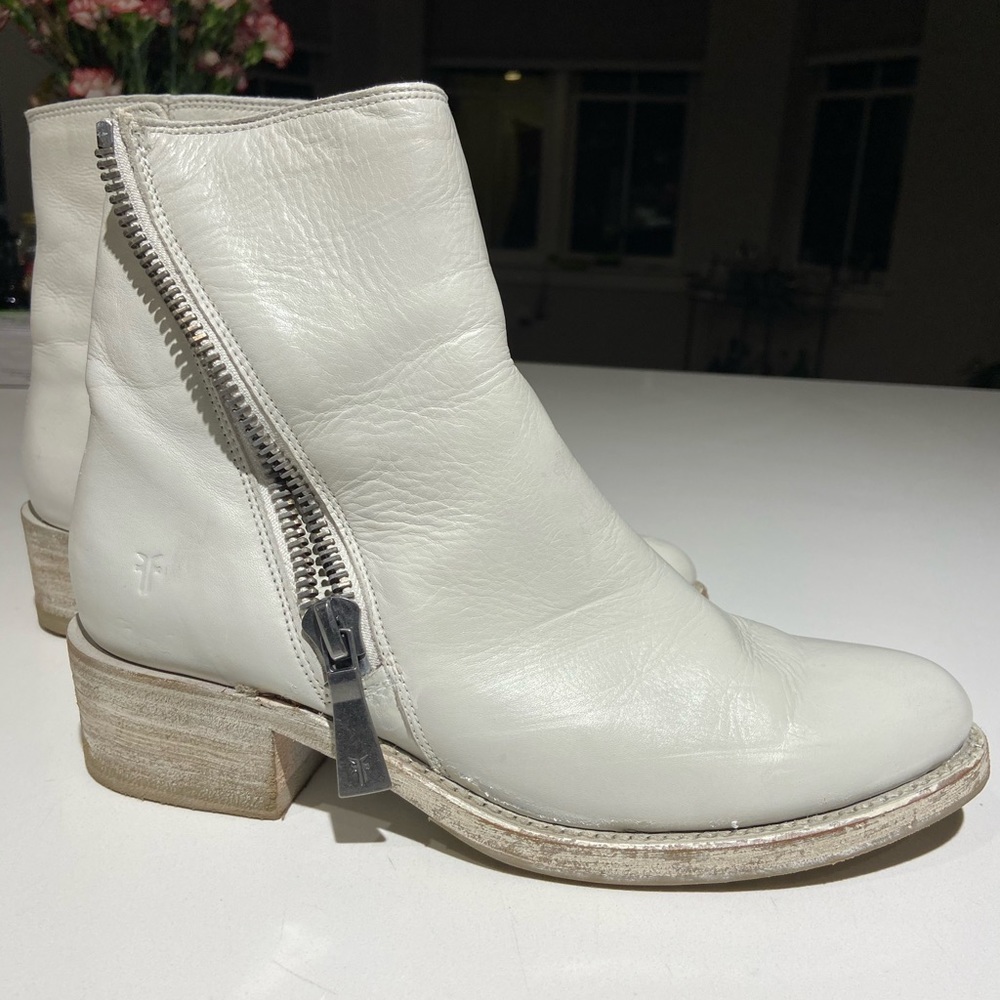 Frye Demi Zip Distressed Booties in White